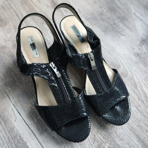 Liz Claiborne Sport Snakeskin Black Textured Shiny Zip Sling Wedge Strap Sandals - Picture 4 of 14